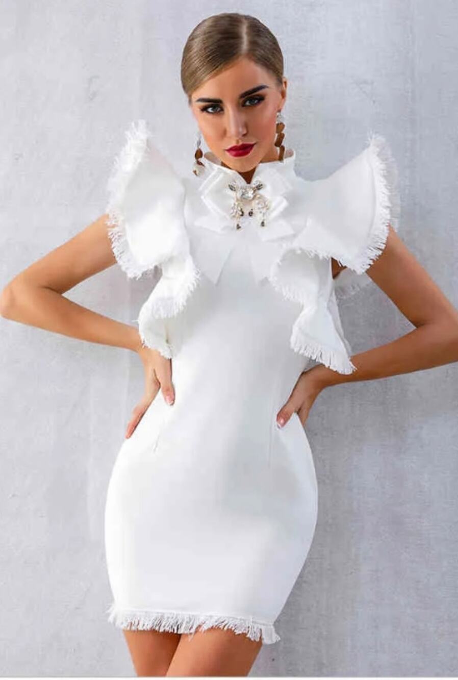 White Avant Garde Bodycon Eyelash Flutter Oversized Sleeve Detail - S
